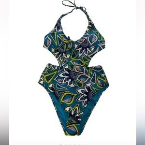 Arie Vibrant Blue/ Yellow Floral Boho Monokini Swimsuit Sz XS